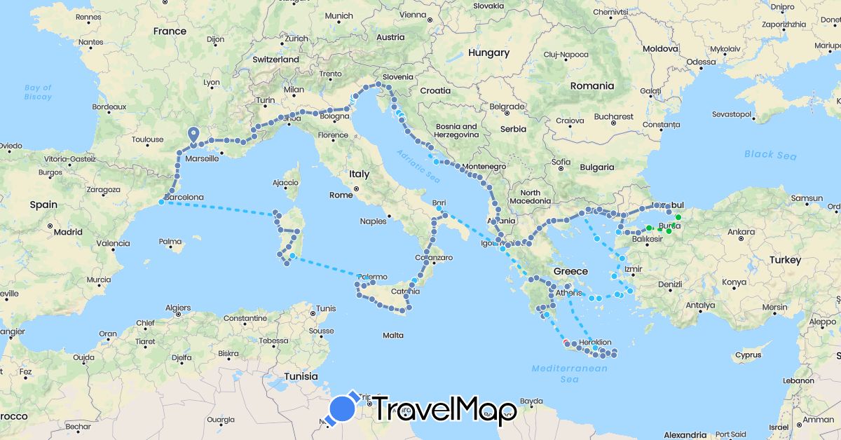 TravelMap itinerary: driving, bus, cycling, hiking, boat in Albania, Spain, France, Greece, Croatia, Italy, Montenegro, Slovenia, Turkey (Asia, Europe)